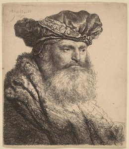 Parrakas mies, jolla on samettinen lippalakki, jossa on jalokivikoristeinen kiinnike tekijältä Rembrandt van Rijn