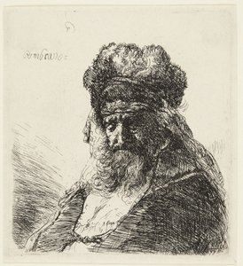 Parrakas vanha mies, jolla on korkea turkislakki ja silmät kiinni tekijältä Rembrandt van Rijn