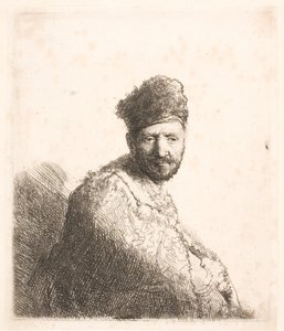 Parrakas mies (Rembrandtin isä) turkilla koristellussa itämaisessa lakissa ja kaapussa: puolivartalokuva tekijältä Rembrandt van Rijn