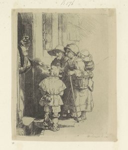 Kerjäävä perhe saa almua talon ovella Recueil de quatre-vingt-cinq estampes originales (sarjan nimi) tekijältä Rembrandt van Rijn