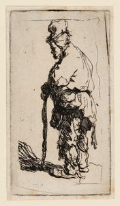 Kerjäläinen nojaten kepille, kasvot vasemmalle tekijältä Rembrandt van Rijn