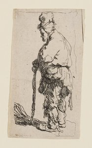 Sauvaan nojaava kerjäläinen kasvot vasemmalle tekijältä Rembrandt van Rijn