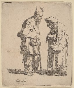 Keskustelevat kerjäläismies ja kerjäläisnainen tekijältä Rembrandt van Rijn