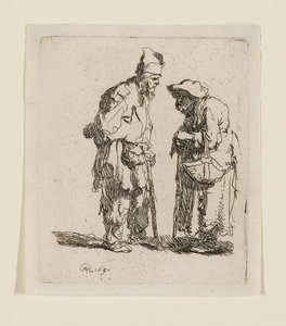 Keskustelevat kerjäläismies ja kerjäläisnainen tekijältä Rembrandt van Rijn