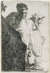 Kerjäläinen mies ja nainen pankin takana, n. 1630 tekijältä Rembrandt van Rijn