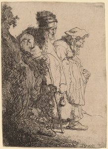 Kerjäläinen mies ja nainen pankin takana tekijältä Rembrandt van Rijn