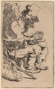 Kerjäläinen istuu ja lämmittää käsiään hankaavan lautasen ääressä tekijältä Rembrandt van Rijn