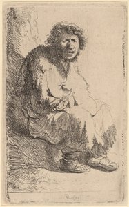 Kerjäläinen istuu pankissa tekijältä Rembrandt van Rijn