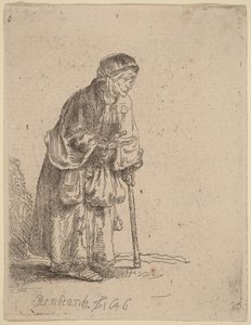 Keppiin nojaava kerjäläisnainen tekijältä Rembrandt van Rijn
