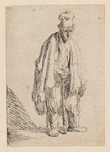 Kerjäläinen korkealakissa, seisomassa ja nojaten kepissä tekijältä Rembrandt van Rijn
