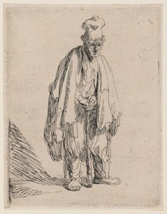 Korkean lippalakin päässään oleva kerjäläinen, seisomassa ja keppiin nojautumassa tekijältä Rembrandt van Rijn