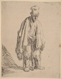 Korkean lippalakin päässään oleva kerjäläinen, seisomassa ja keppiin nojautumassa tekijältä Rembrandt van Rijn