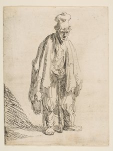 Kerjäläinen korkealakissa, seisomassa ja nojaten kepillä, n. 1629. tekijältä Rembrandt van Rijn