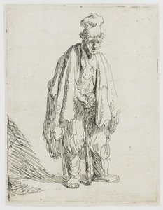 Korkeakorkkinen kerjäläinen, joka seisoo ja nojaa keppiin tekijältä Rembrandt van Rijn