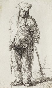 Kerjäläinen nojaa tikkuun (kynä ja muste paperille) tekijältä Rembrandt van Rijn