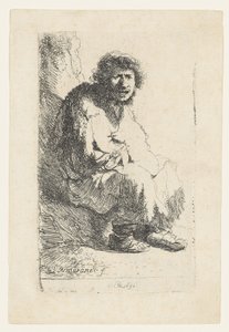 Kerjäläinen istuu pankissa, 1630 tekijältä Rembrandt van Rijn