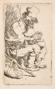 Kerjäläinen istuu lämmittämässä käsiään lämmittimellä tekijältä Rembrandt van Rijn