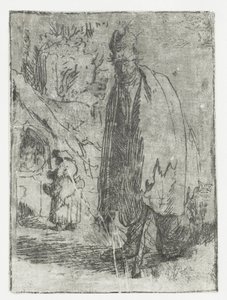 Kerjäläinen, jolla on mökki, ja kaksi hahmoa taustalla tekijältä Rembrandt van Rijn