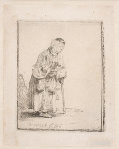 Keppiin nojaava kerjäläisnainen tekijältä Rembrandt van Rijn