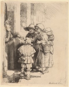 Kerjäläiset vastaanottavat almua talon ovella tekijältä Rembrandt van Rijn
