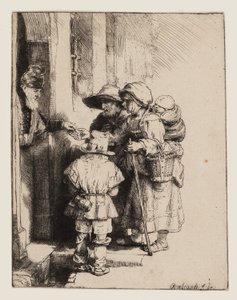 Kerjäläiset vastaanottavat almua talon ovella tekijältä Rembrandt van Rijn
