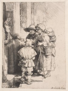 Kerjäläiset, jotka saavat almuja talon ovella tekijältä Rembrandt van Rijn