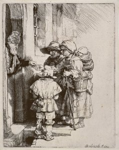 Kerjäläiset vastaanottamassa almua talon ovella, 1648 (kuivakärkikaiverrus)