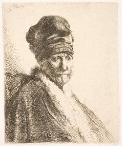 Miehen (Rembrandtin isä) rintakuva, jolla on korkea lakki, kolmen neljäsosan profiili tekijältä Rembrandt van Rijn