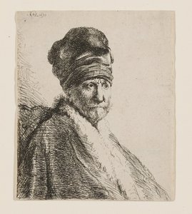 Miehen rintakuva, jolla on korkea lippalakki tekijältä Rembrandt van Rijn
