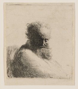 Pääkuva vanhasta, parrakkaasta miehestä, joka katsoo alaspäin, kolmen neljäsosan profiilissa oikealle tekijältä Rembrandt van Rijn