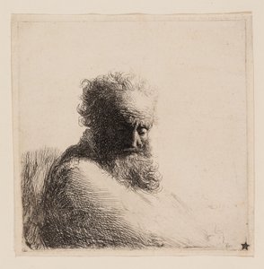 Vanhan parrakkaan miehen rintakuva, joka katsoo alas, kolme neljäsosaa oikealta tekijältä Rembrandt van Rijn