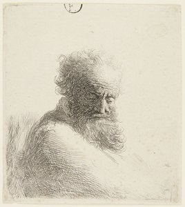 Vanhan miehen rintakuva, katse alaspäin, kolmen neljäsosan profiili oikealle tekijältä Rembrandt van Rijn