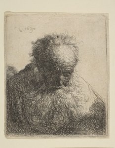 Vanhan miehen rintakuva, jolla on virtaava parta: pää kumartunut eteenpäin: vasen olkapää varjostamatta, 1630. tekijältä Rembrandt van Rijn
