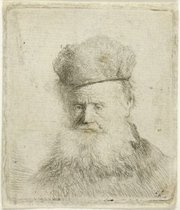 Vanhan miehen rintakuva, jolla on karvahattu ja virtaava parta, lähes koko kasvot tekijältä Rembrandt van Rijn