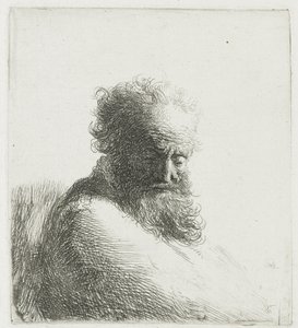 Vanhan parrakkaan miehen rintakuva alaspäin katsoen, kolme neljäsosaa oikealta tekijältä Rembrandt van Rijn