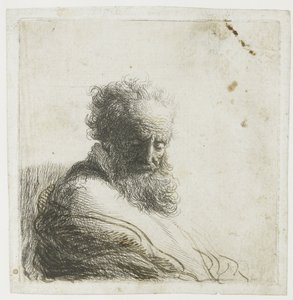 Vanhan parrakkaan miehen rintakuva alaspäin katsoen, kolme neljäsosaa oikealta tekijältä Rembrandt van Rijn