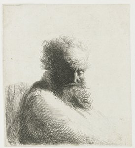 Vanhan parrakkaan miehen rintakuva alaspäin katsoen, kolme neljäsosaa oikealta tekijältä Rembrandt van Rijn