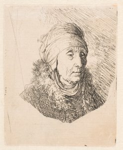 Vanhan naisen rintakuva, jolla on korkea, leuan ympärille sidottu päähine tekijältä Rembrandt van Rijn
