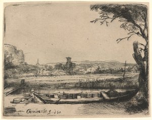 Kanava, jossa on suuri vene ja silta tekijältä Rembrandt van Rijn