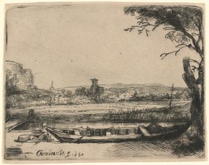 Kanava, jossa on suuri vene ja silta tekijältä Rembrandt van Rijn