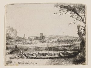 Kanava, jossa on suuri vene ja silta tekijältä Rembrandt van Rijn