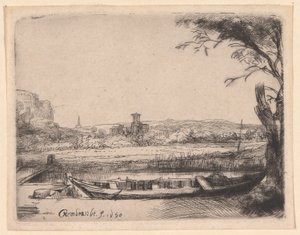 Kanava, jossa on suuri vene ja silta tekijältä Rembrandt van Rijn