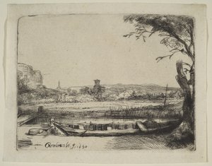 Kanava suurella veneellä ja sillalla, 1650. tekijältä Rembrandt van Rijn