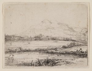 Kanava onkijan ja kahden joutsenen kanssa tekijältä Rembrandt van Rijn