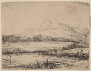 Kanava, jossa on kalastaja ja kaksi joutsenia tekijältä Rembrandt van Rijn