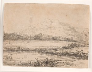 Kanava, jossa on kalastaja ja kaksi joutsenia tekijältä Rembrandt van Rijn