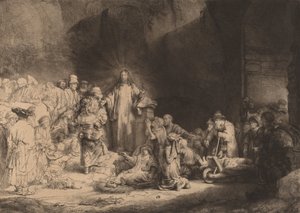 Kristus saarnaa sadan guldenin vedos, n. 1649. tekijältä Rembrandt van Rijn