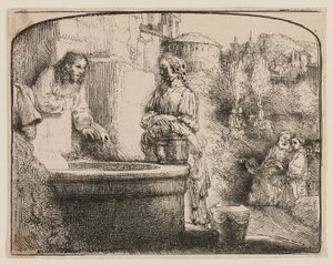 Kristus ja Samarialainen nainen: Kaareva vedos tekijältä Rembrandt van Rijn
