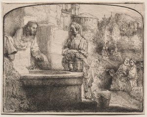 Kristus ja Samarialainen nainen: Kaareva vedos tekijältä Rembrandt van Rijn