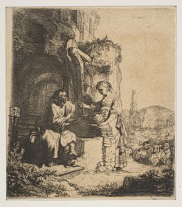 Kristus ja Samarian nainen raunioiden keskellä. tekijältä Rembrandt van Rijn